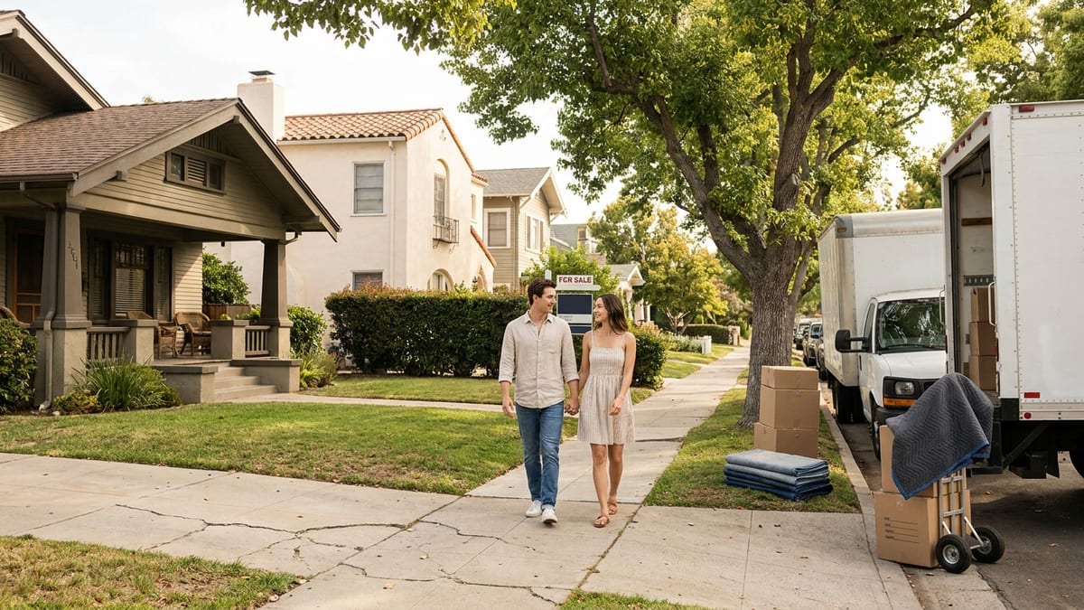 A couple walking a tree-lined San Diego neighborhood sidewalk on a sunny afternoon