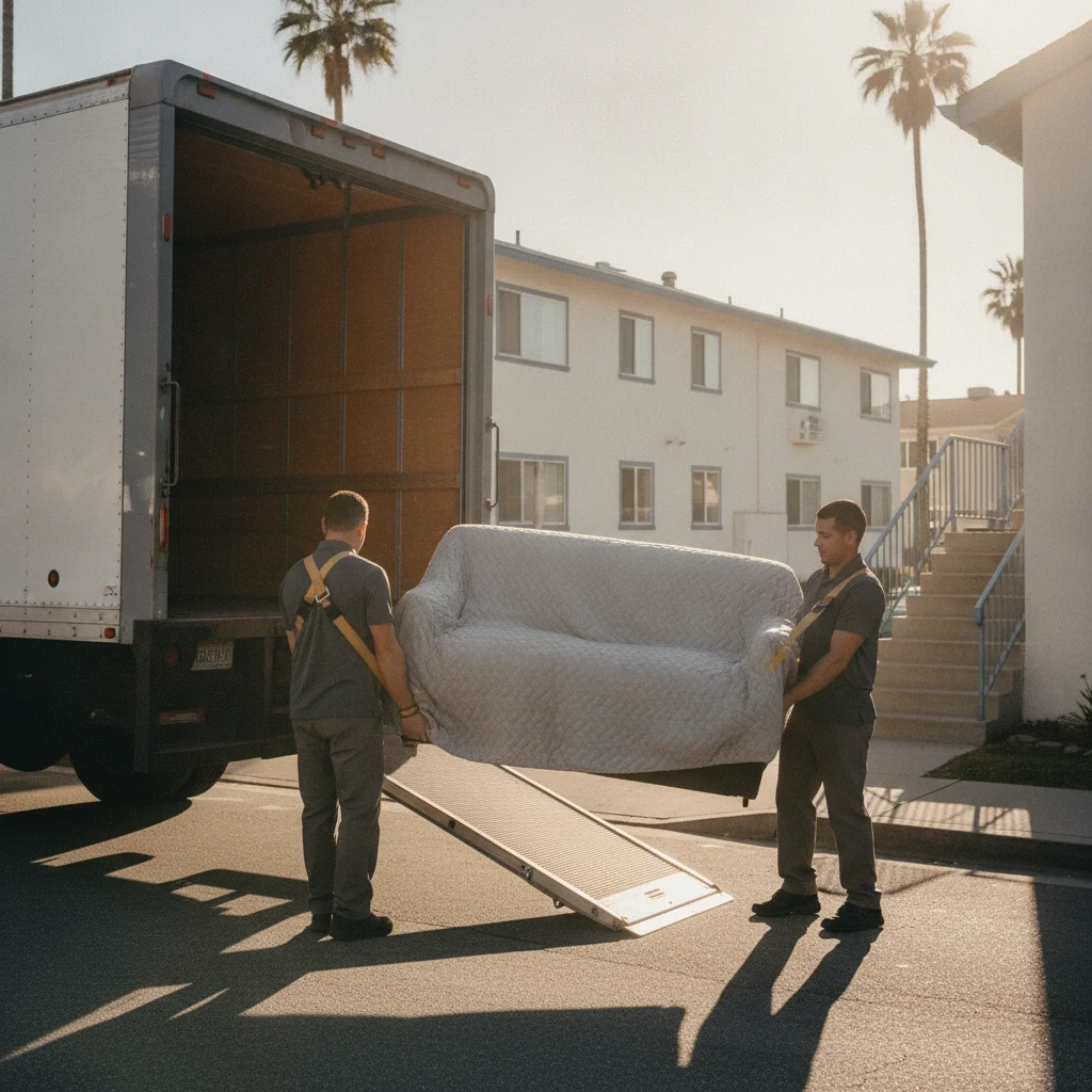 Movers carrying a wrapped sofa toward an apartment stairwell