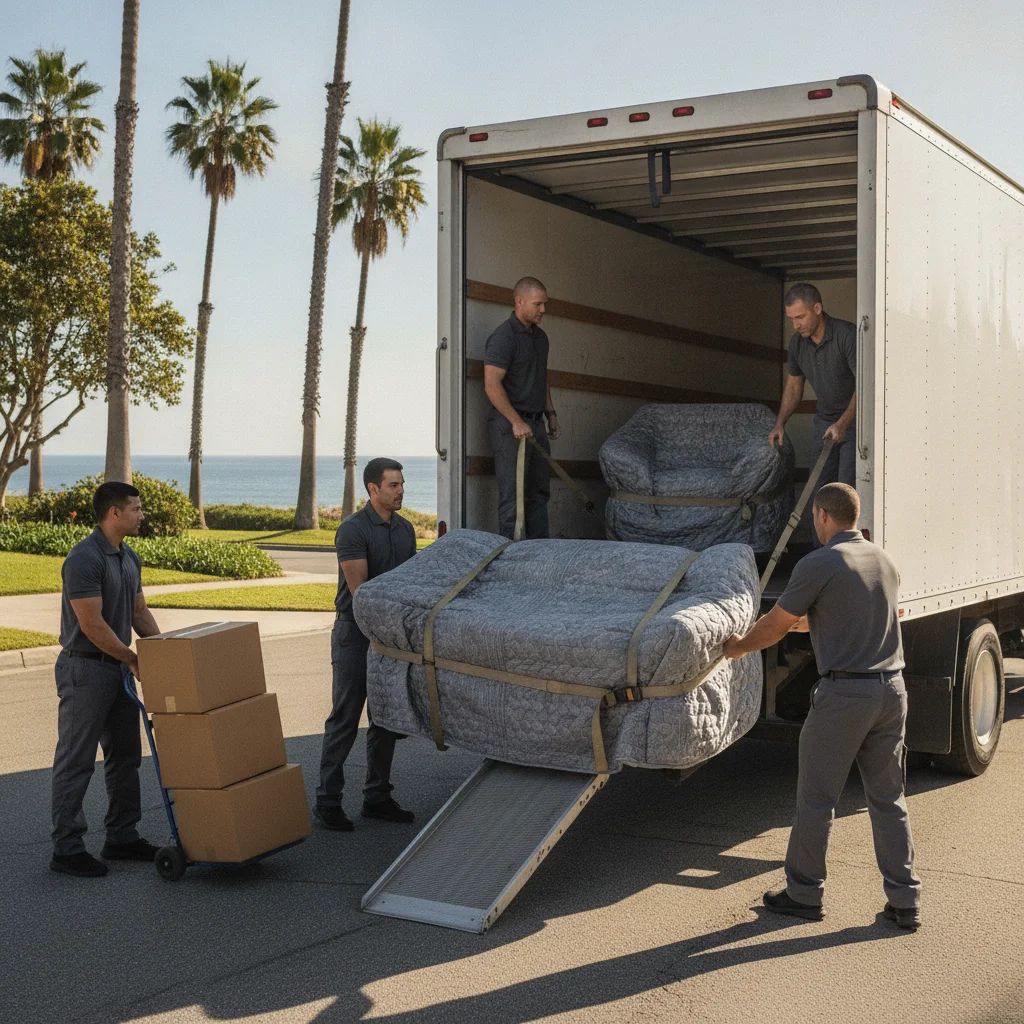 Movers loading a wrapped sofa on a coastal Oceanside street