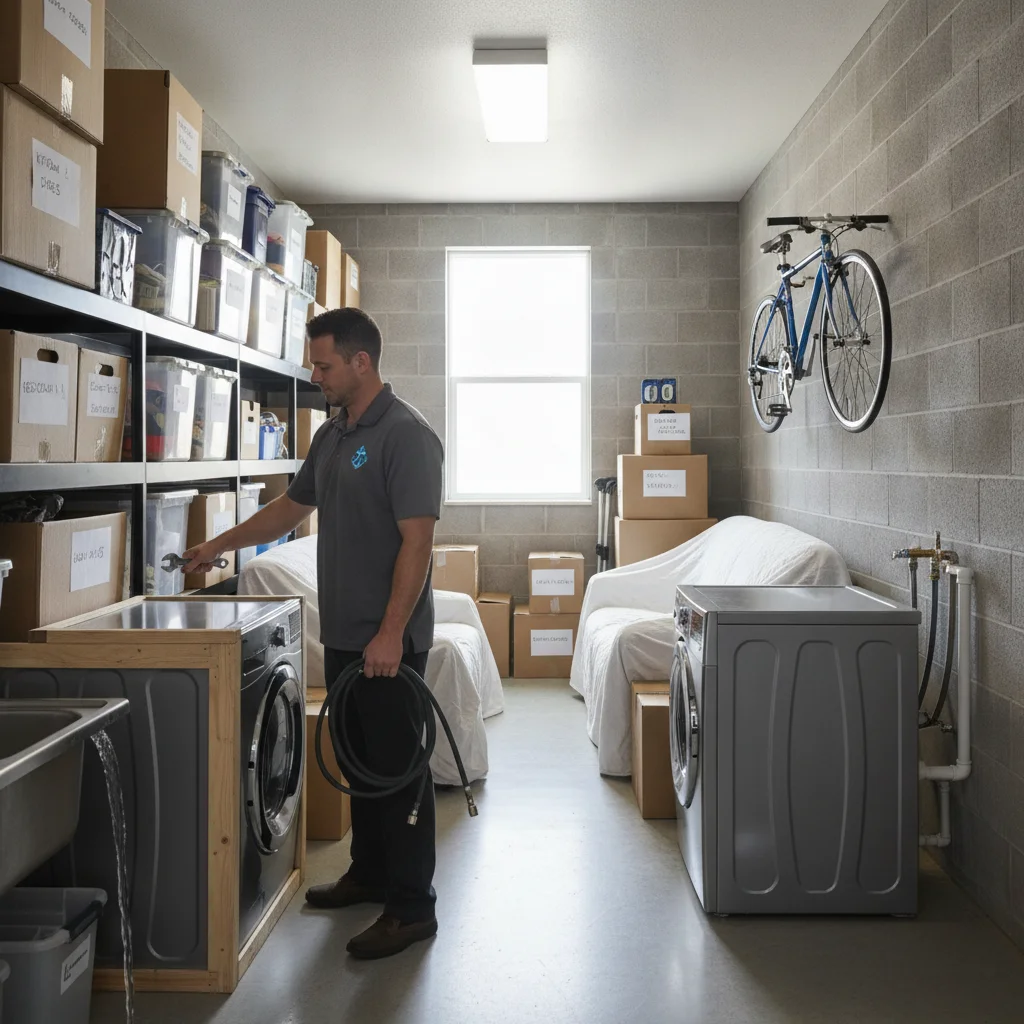 Labeled household belongings secured inside a clean storage facility