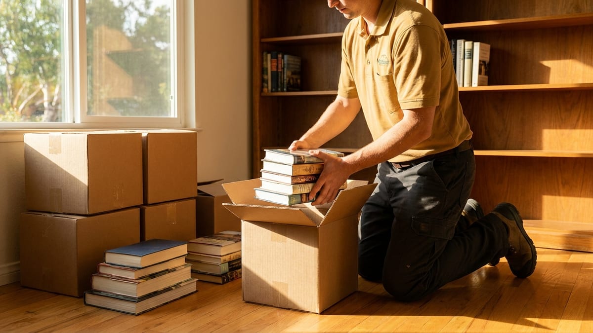Books being packed into small sturdy boxes on a hardwood floor in a sunlit room