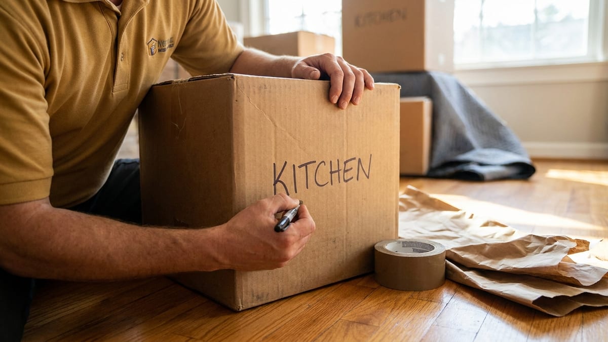 Close-up of labeling a moving box by room with a marker