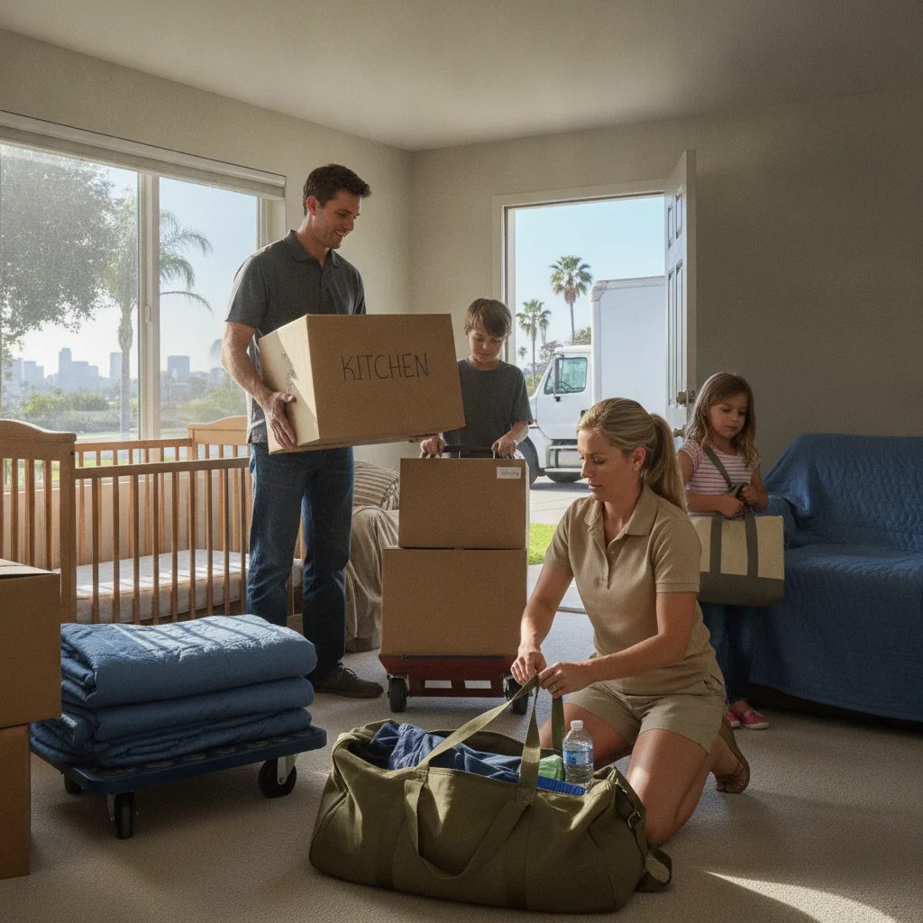 Military family organizing moving boxes and an essentials bag