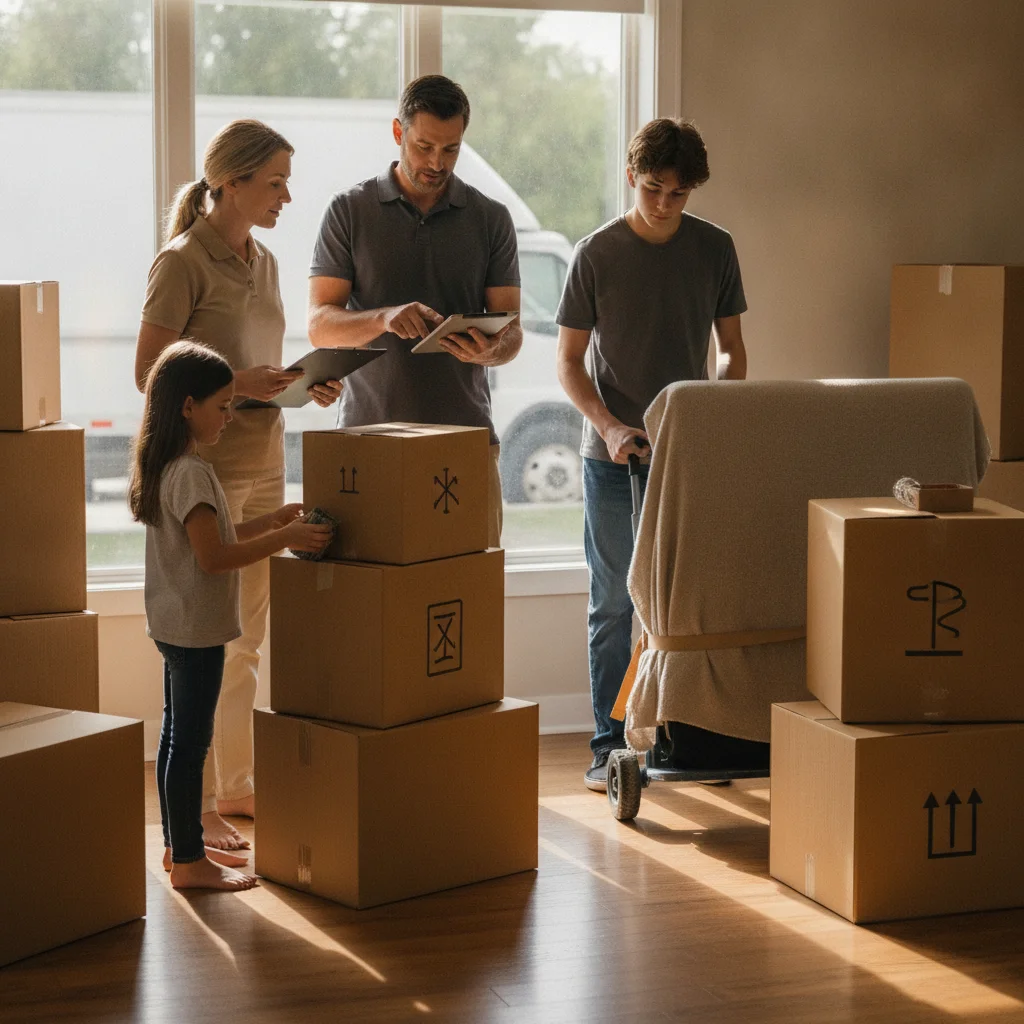 Family reviewing a household inventory beside numbered moving boxes