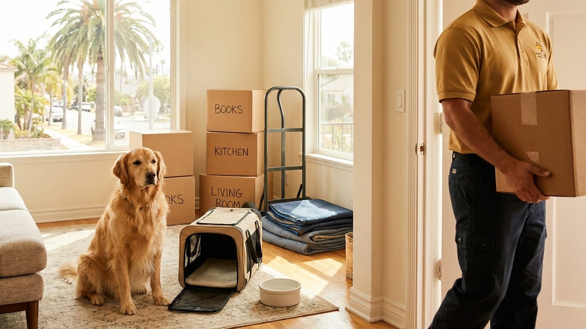 A calm dog beside a pet carrier in a sunlit San Diego living room with moving boxes