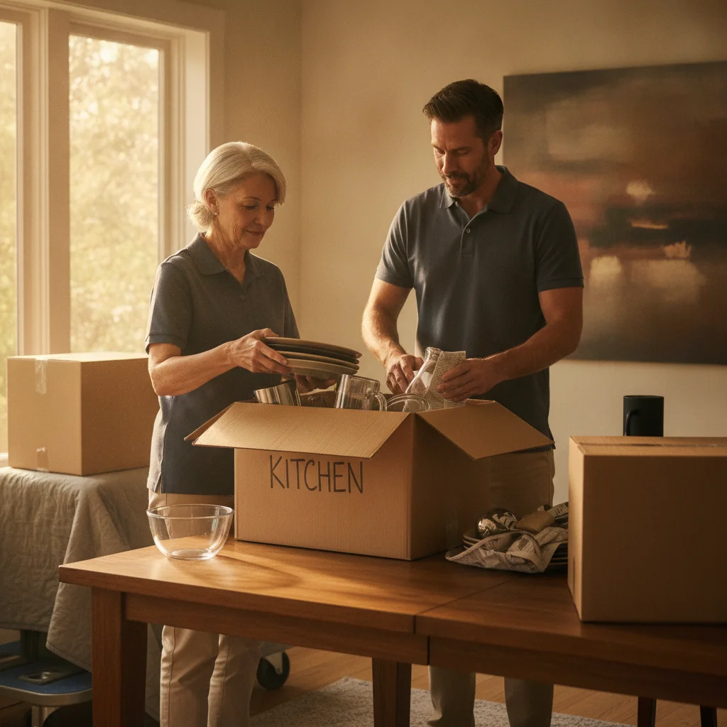 Older parent and adult child sorting kitchenware into a moving box