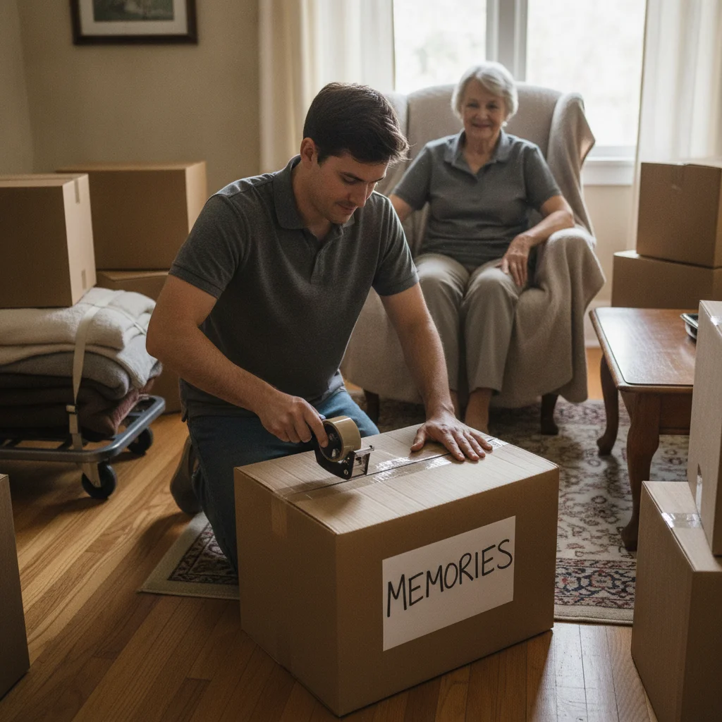 Adult child taping a labeled box while an older parent watches