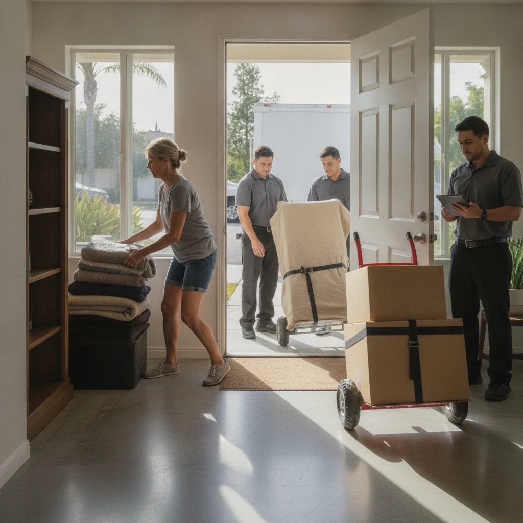 San Diego homeowner clearing a path while movers review the entrance