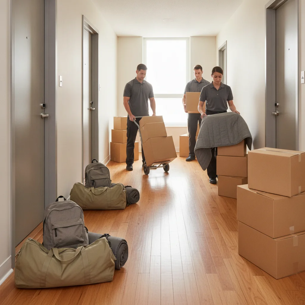 Clear hallway with moving boxes and personal bags set aside