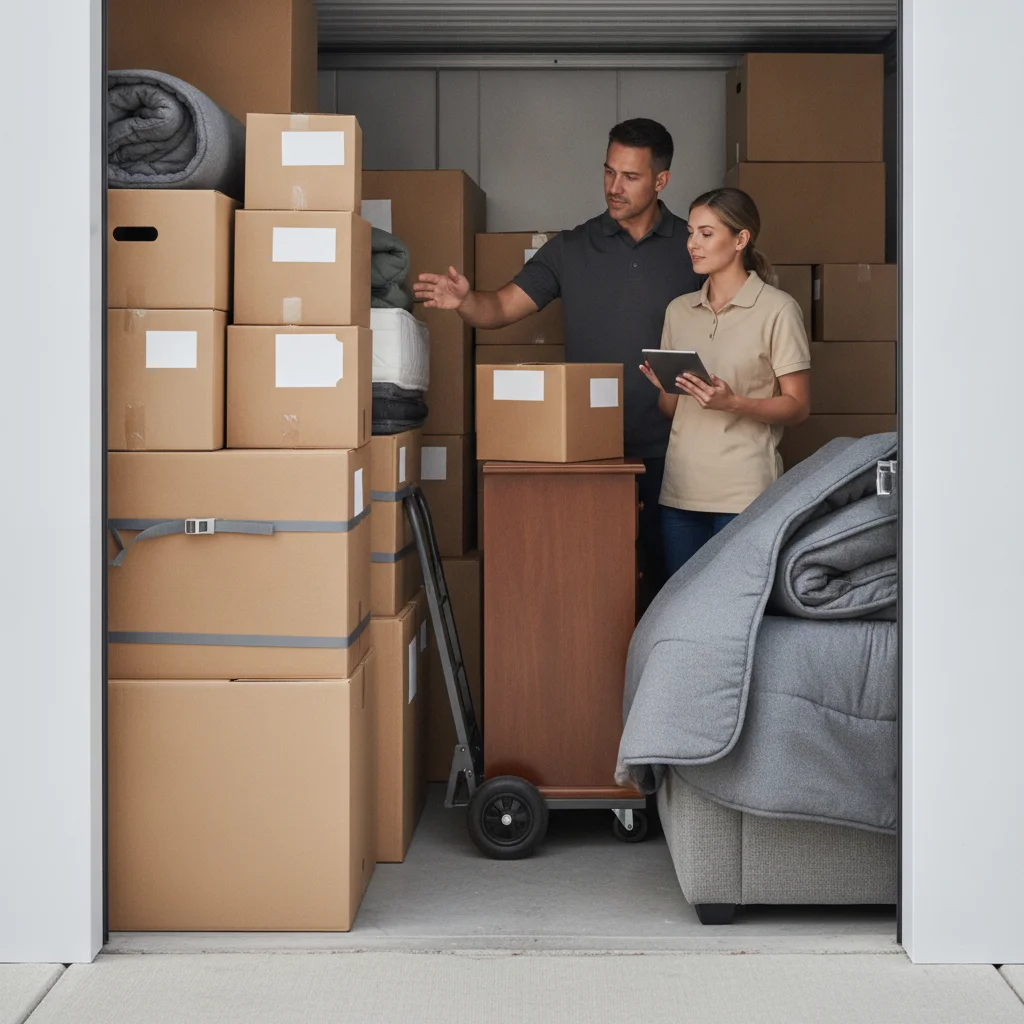Customer and independent mover reviewing belongings inside a storage unit