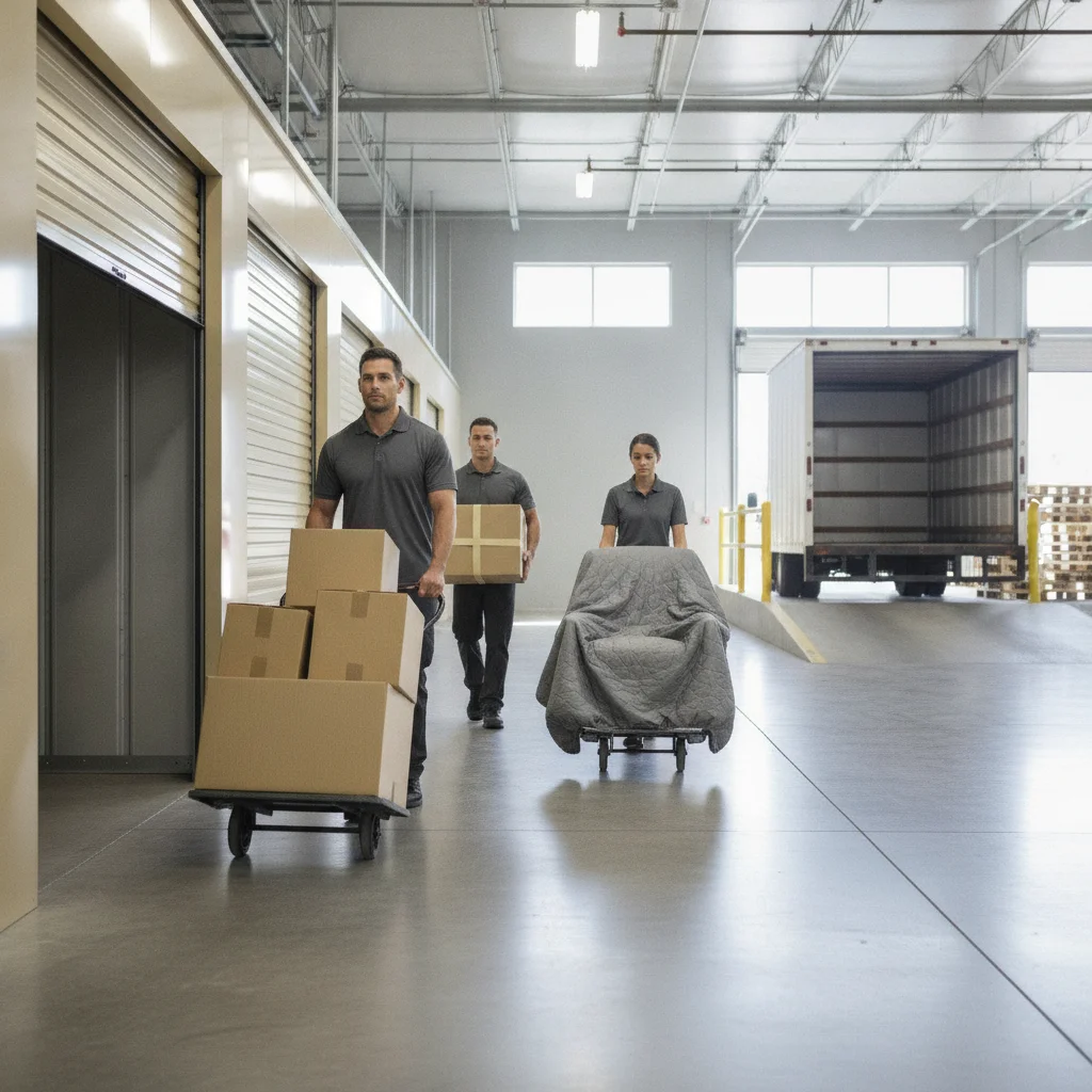 Clear hallway leading from a storage unit toward a loading area
