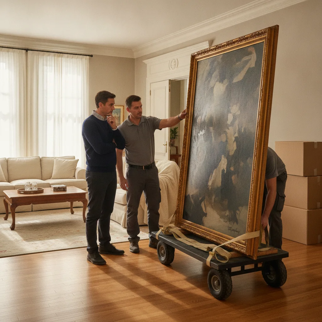 Homeowner and mover inspecting a large framed artwork