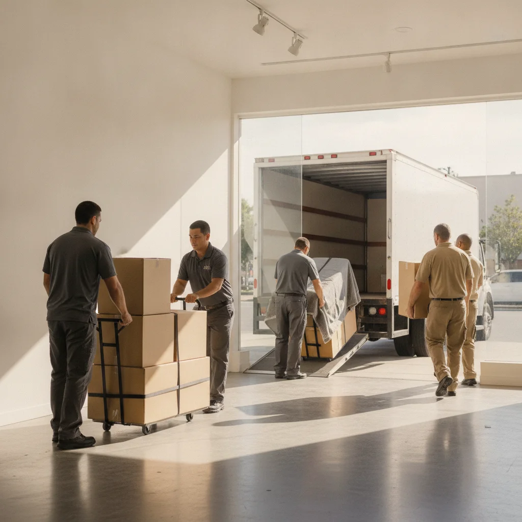 Independent movers rolling commercial crates through an empty San Diego storefront