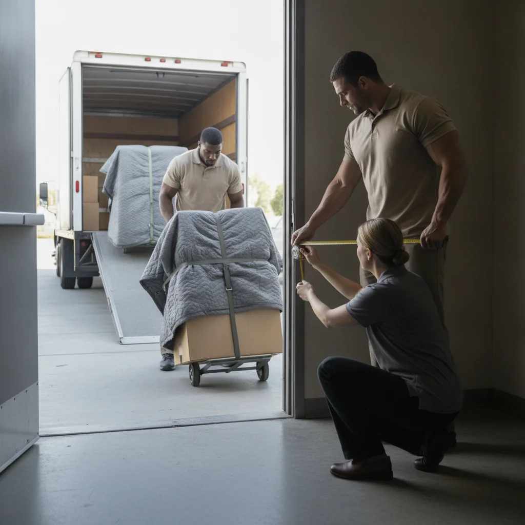 Retail manager and mover measuring a storefront loading path