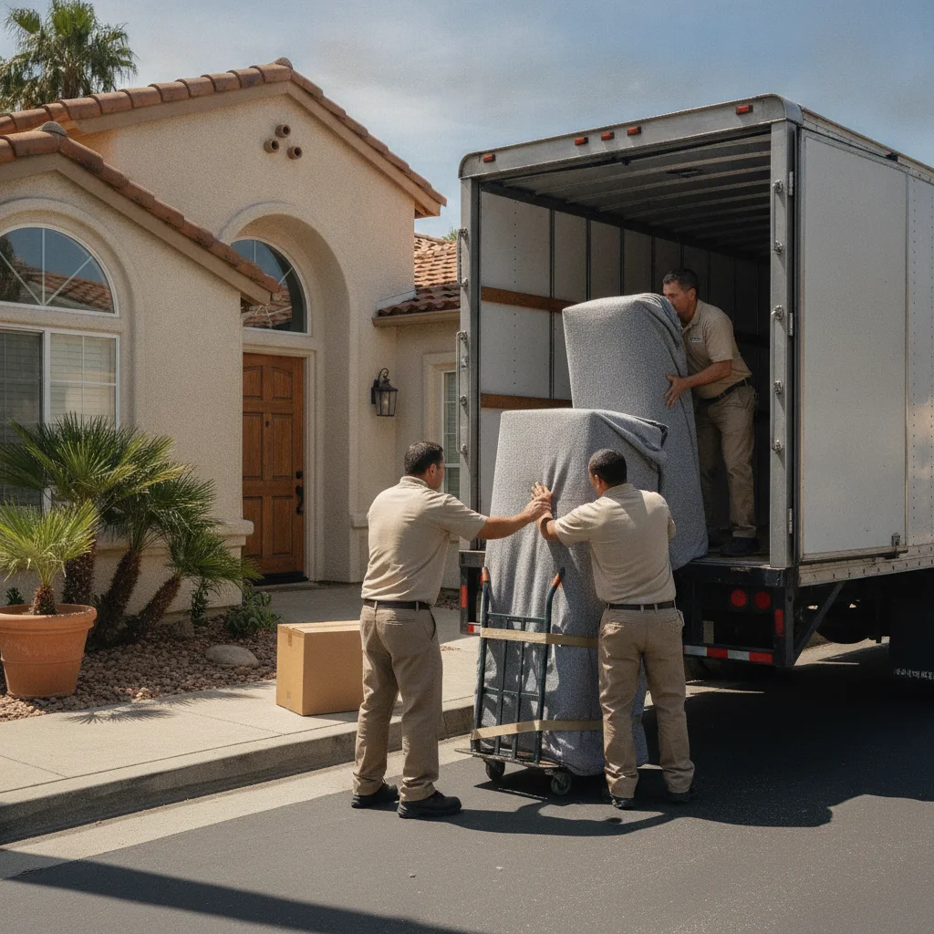 Movers loading a wrapped wardrobe box into a long-haul trailer