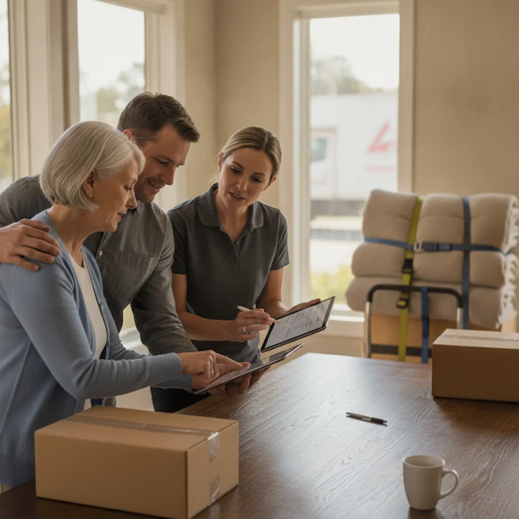 Older adult and family member reviewing an inventory with a move coordinator