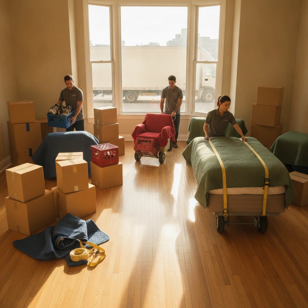 Color-coded household items sorted into groups before a senior move