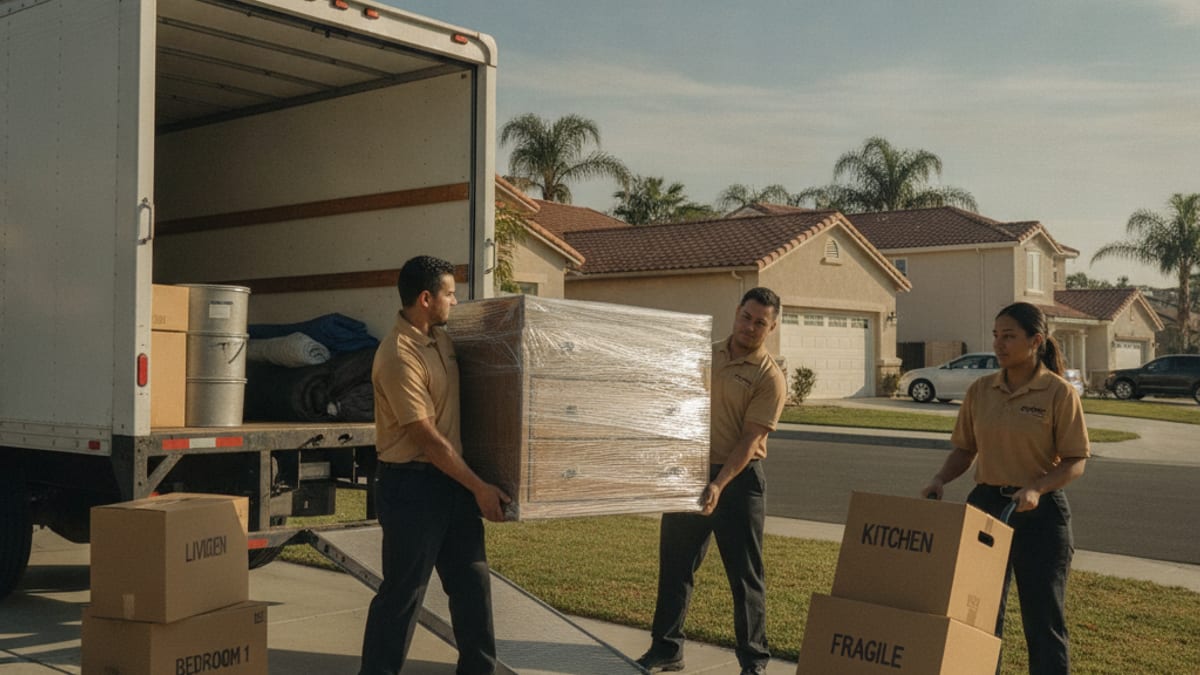 Movers in golden tan polos carrying labeled boxes and a wrapped dresser out of a San Diego home into a moving truck
