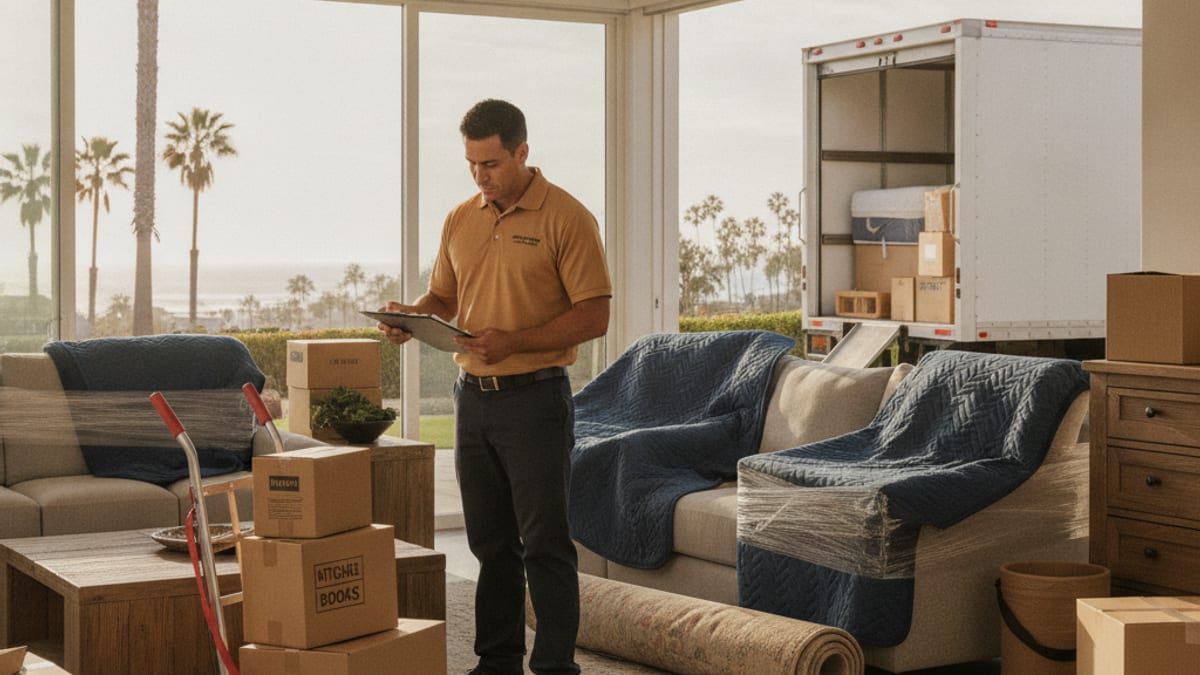 Mover comparing a clipboard estimate against furniture staged in a San Diego living room before loading