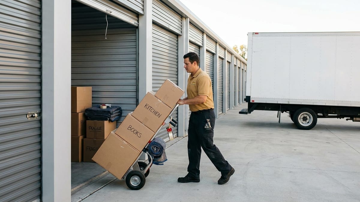 Row of self-storage roll-up doors with a mover wheeling a dolly of boxes
