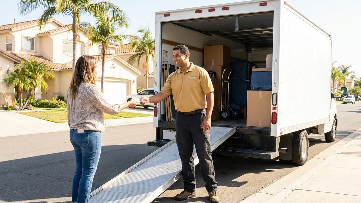 Homeowner handing a cash tip to a Master Movers San Diego mover in a golden tan polo beside the moving truck