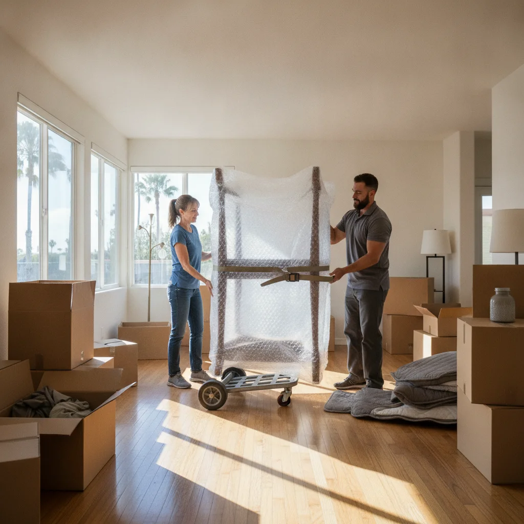 Homeowner and mover positioning a wrapped table in a San Diego living room