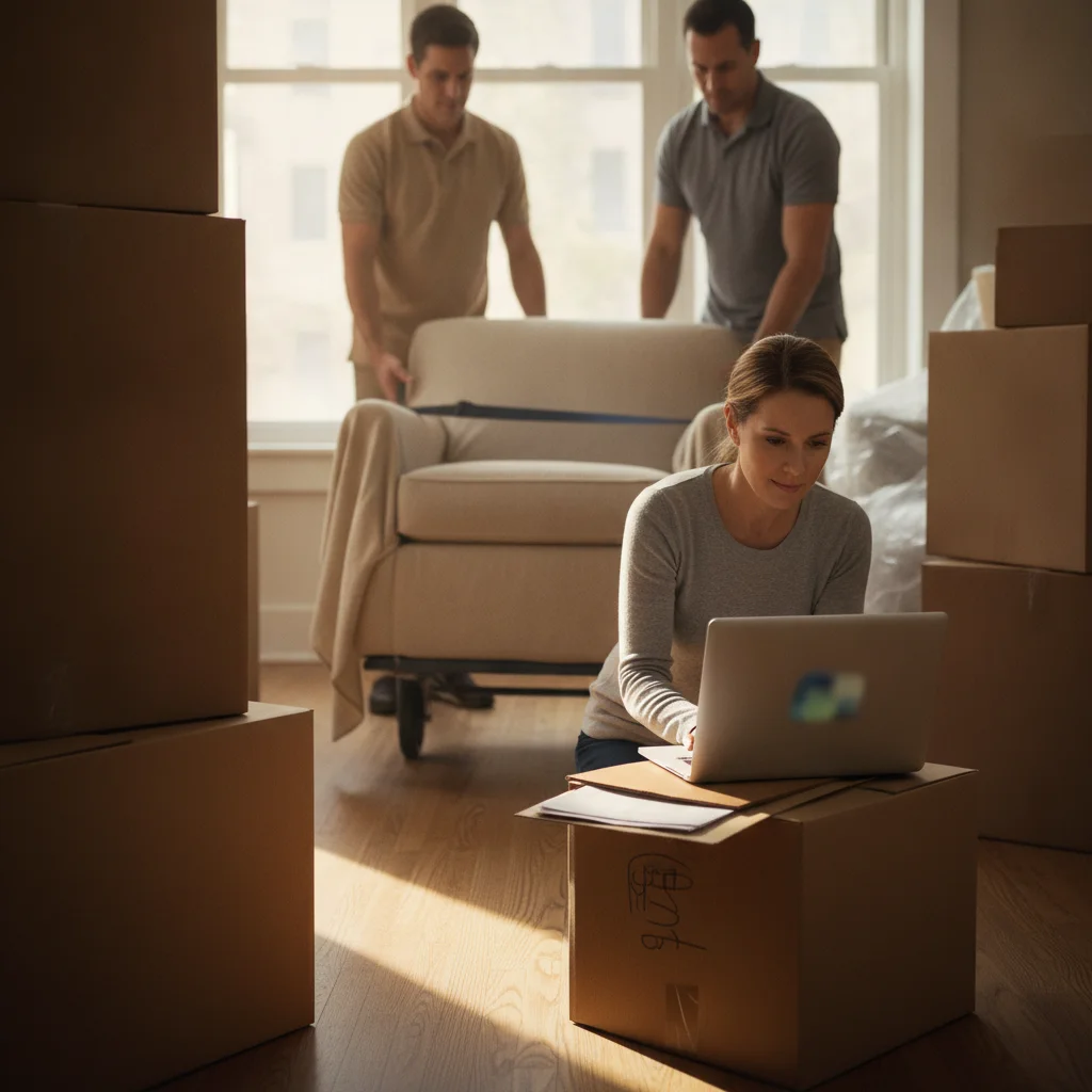 Homeowner checking interstate mover records beside packed boxes