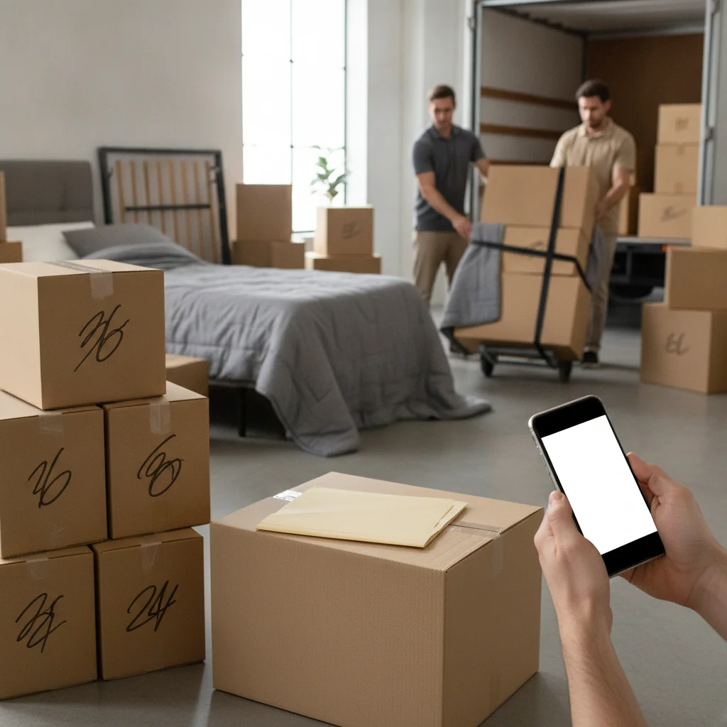 Moving inventory, document folder, and phone beside packed boxes