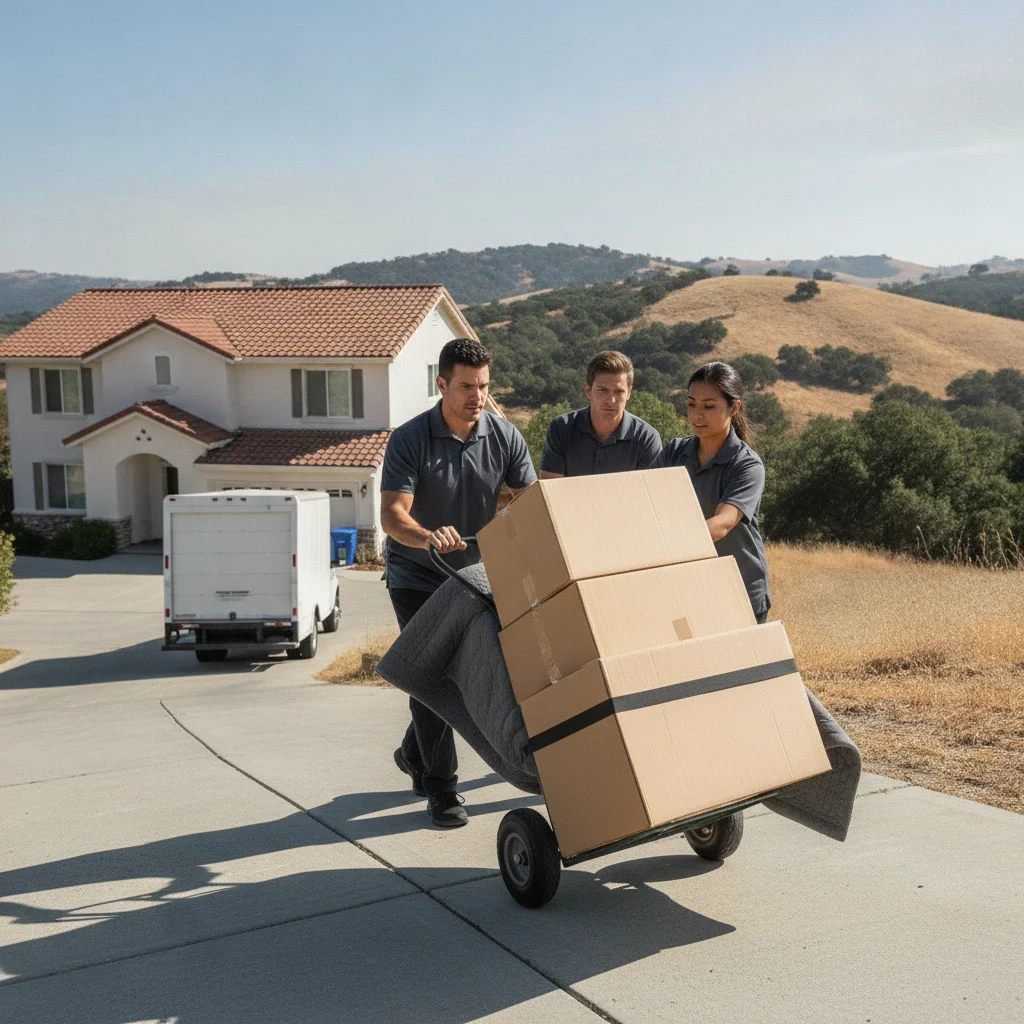 Movers rolling boxes up a sloped Vista driveway