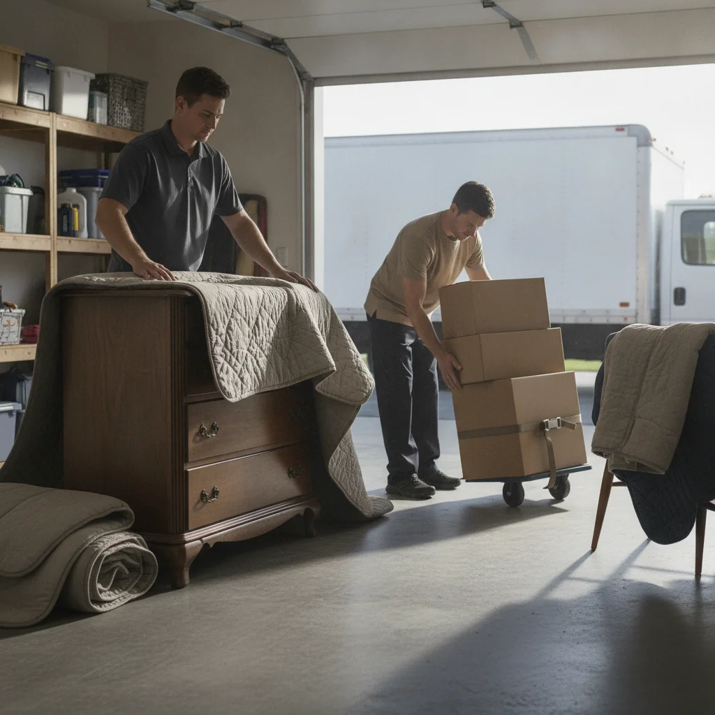 Mover protecting a wooden dresser with furniture pads