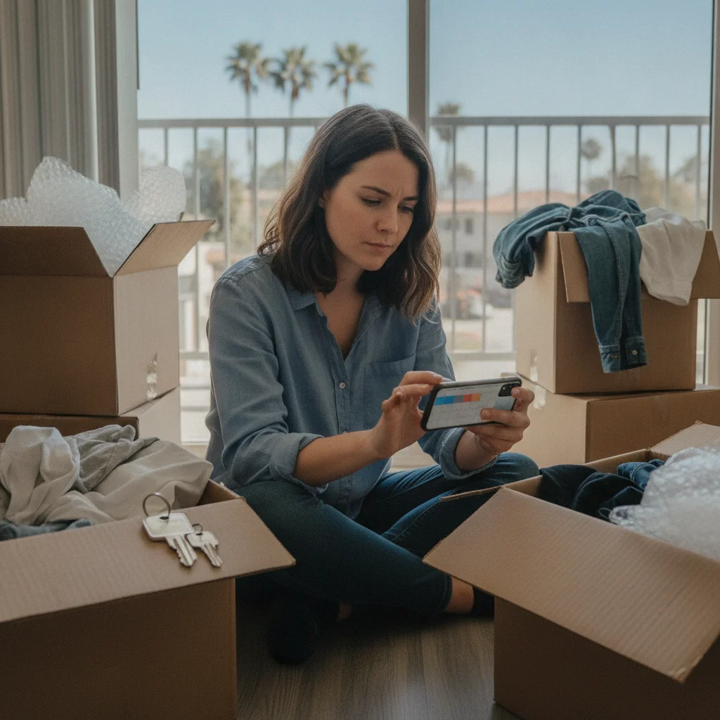 San Diego renter reviewing a phone calendar beside packed boxes