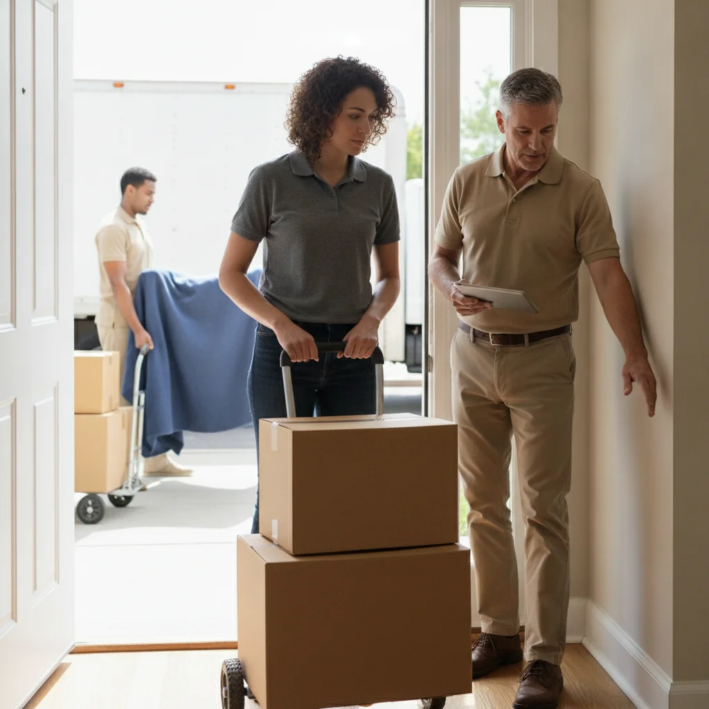 Renter and property representative inspecting a shared apartment entry