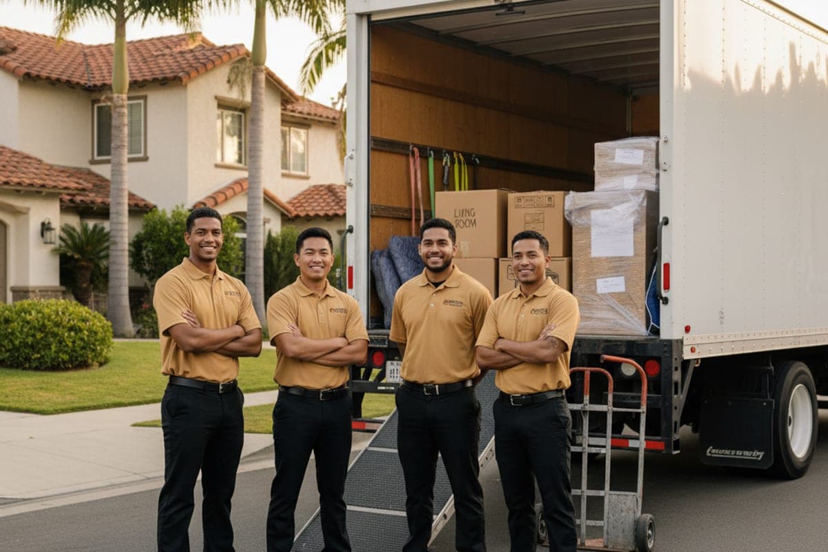 Master Movers San Diego uniformed crew in golden-tan polos loading a labeled box onto a 26-foot moving truck outside a San Diego home