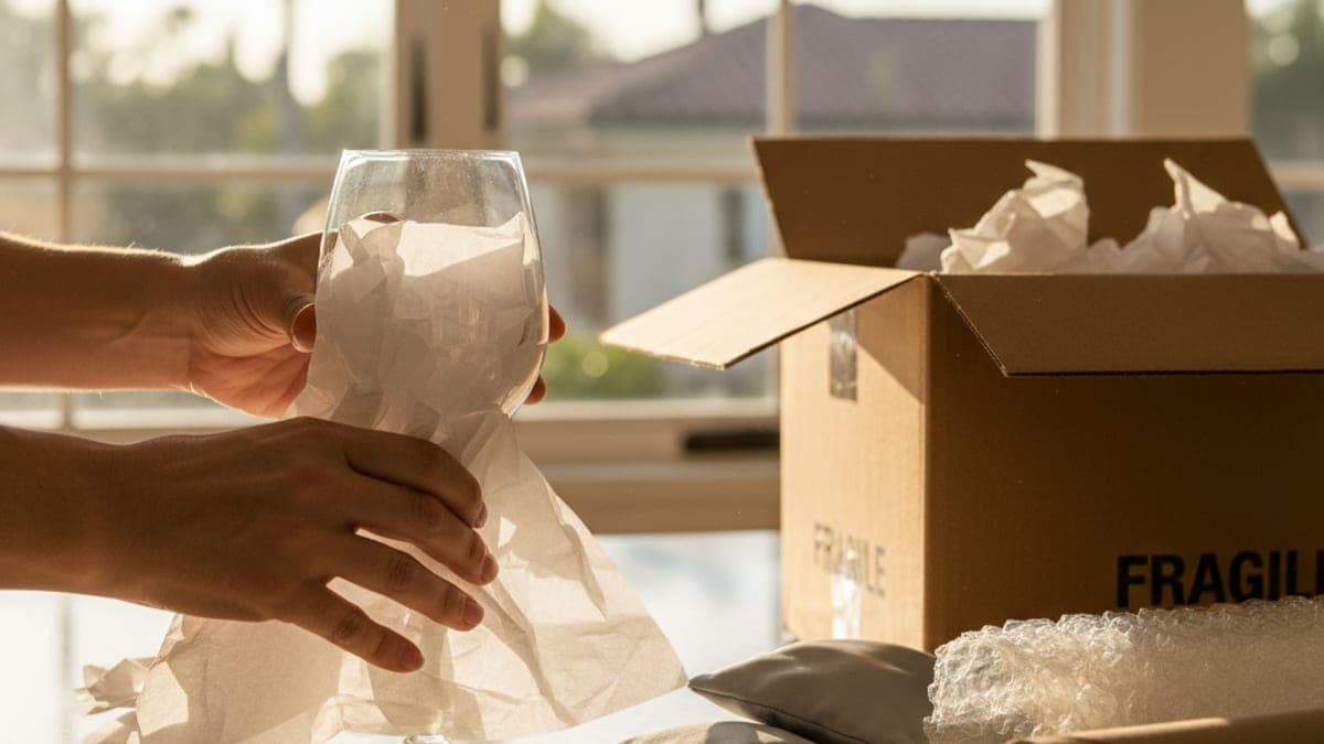 Homeowner wrapping a stack of plates with packing paper next to a dish-pack barrel
