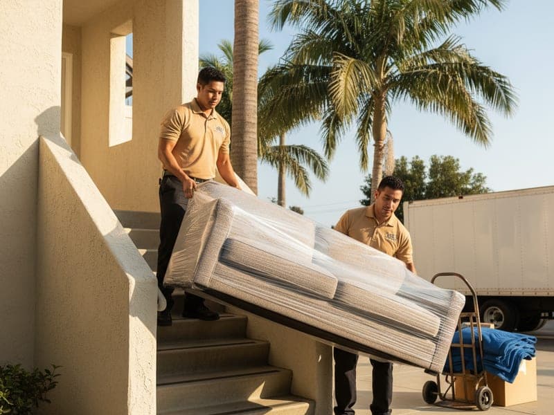 Master Movers San Diego mover in golden tan polo navigating a furniture dolly through a San Diego apartment building lobby