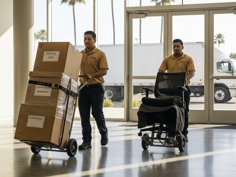 Master Movers San Diego movers in golden tan polos transporting office desks and chairs in a downtown San Diego high-rise