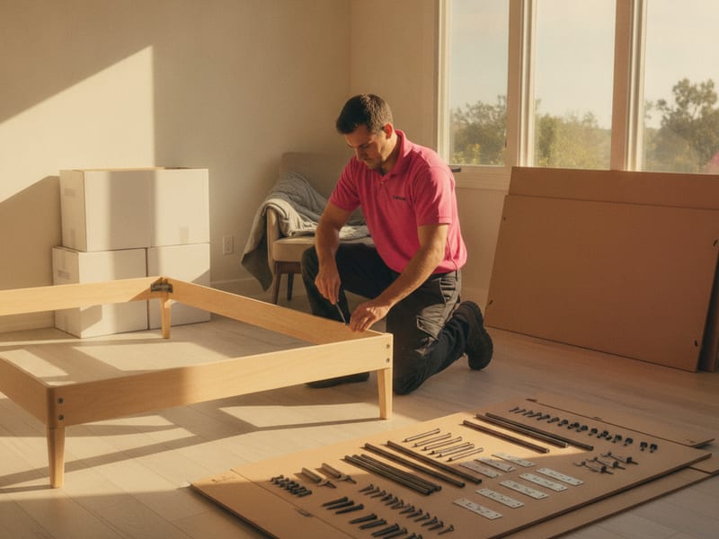Mudanzero de Master Movers San Diego en polo rosa fuerte armando una cama de caja plana con una llave allen en una recámara de San Diego