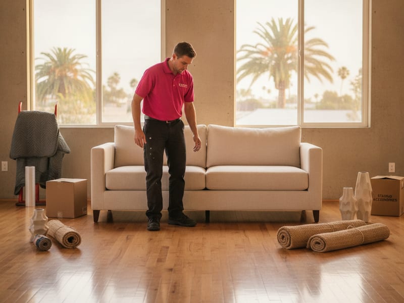 Empleado de Master Movers San Diego en polo rosa fuerte colocando con cuidado un sillón de staging en la sala de una casa en San Diego antes de una sesión de fotos para la venta