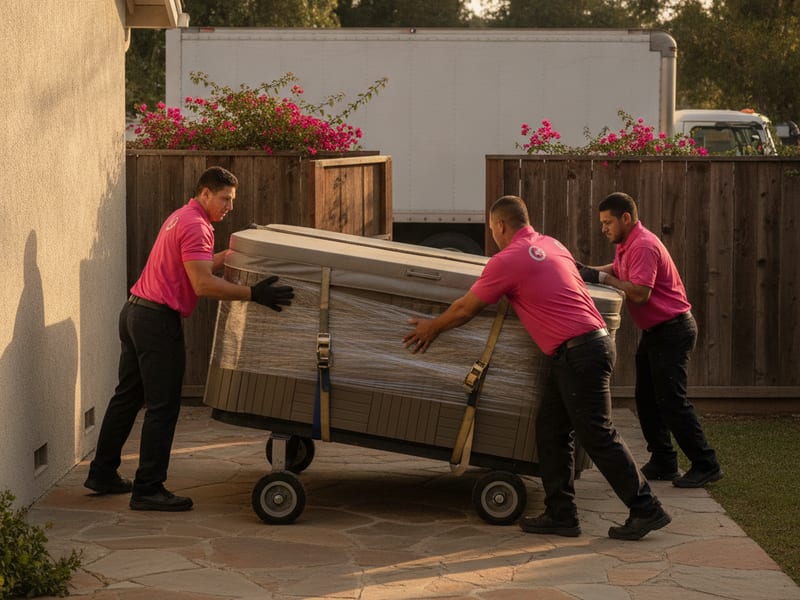 Empleados de Master Movers San Diego en polo rosa fuerte guiando un spa sobre patines para muebles por un patio lateral hacia una plataforma en espera