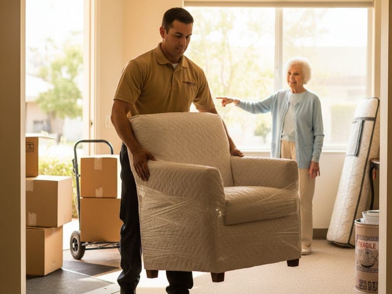 Master Movers San Diego mover in golden tan polo carefully wrapping a framed photograph for a San Diego senior client