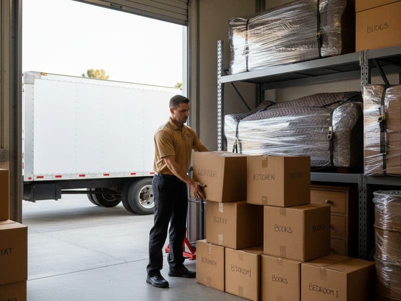 Wooden storage vaults stacked inside a climate-controlled Master Movers San Diego warehouse in San Diego